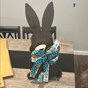 Wooden Bunny Decor with Blue Plaid Bow